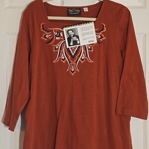 New Bob Mackie Rust Embroidered V-Neck Tunic Top Size Large